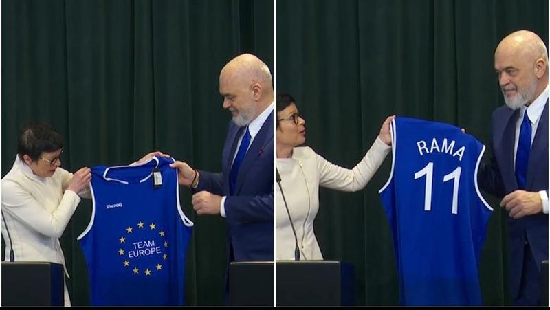Marta Kos i dhuron Ramës një fanellë të BE-së: Kur të mbarojmë negociatat me sukses, të ftoj ta ngjisim Korabin së bashku