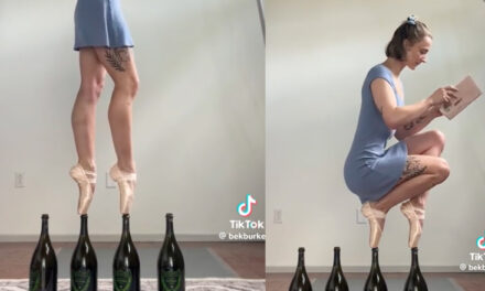 Një balerinë që ruan ekuilibrin mbi shishe